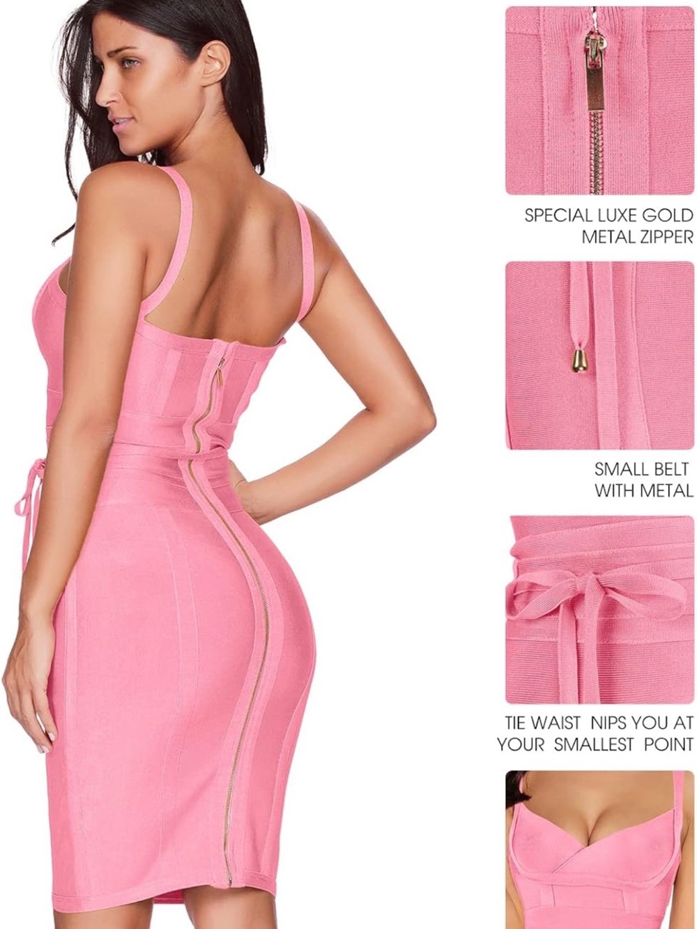 Pink Bodycon Midi Dress with Spaghetti Straps - Picture 2 of 7